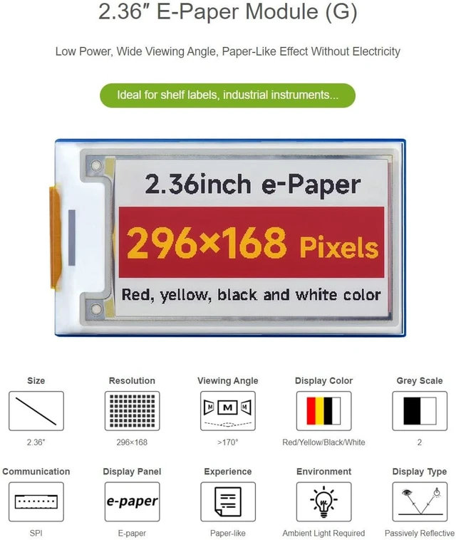 Alt view image 3 of 7 - Waveshare 2.36inch E-Paper Module (G) 296×168 Resolution Displays Red/Yellow/Black/White Colors Compatible with Raspberry Pi