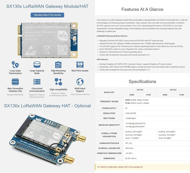 Alt view image 2 of 7 - Waveshare SX1303 868M LoRaWAN Gateway Module, Compatible with Raspberry Pi 5/4B/3B/Zero/Zero W/Zero 2W/Pico/Pico W/Pico WH, Mini-PCIe Socket Long Range Transmission Large Capacity Multi-Band Support