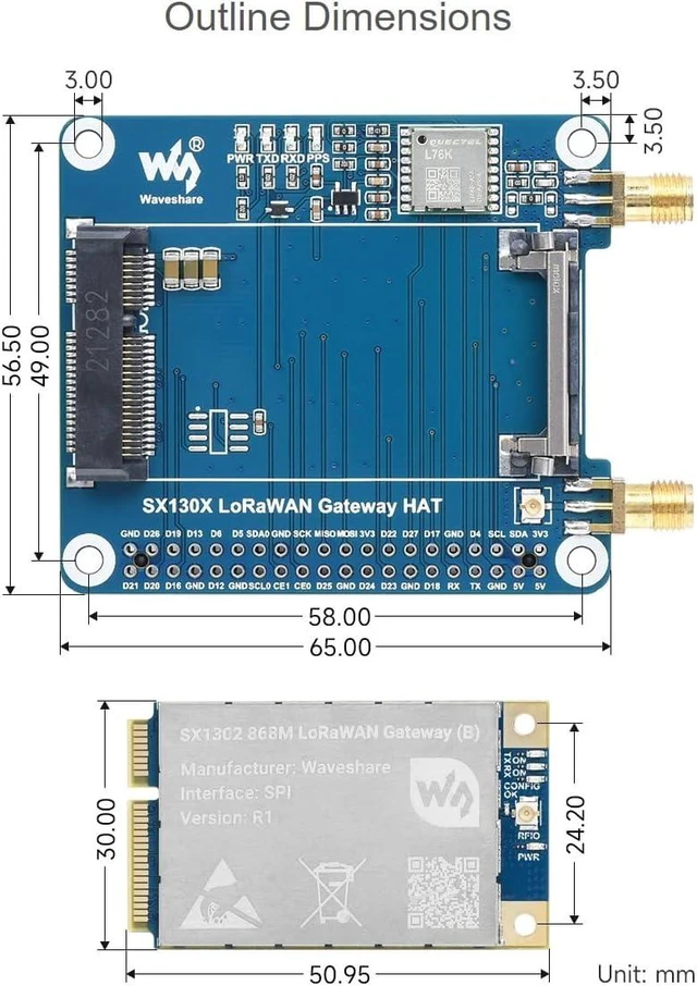 Alt view image 7 of 7 - Waveshare SX1303 868M LoRaWAN Gateway Module, Compatible with Raspberry Pi 5/4B/3B/Zero/Zero W/Zero 2W/Pico/Pico W/Pico WH, Mini-PCIe Socket Long Range Transmission Large Capacity Multi-Band Support