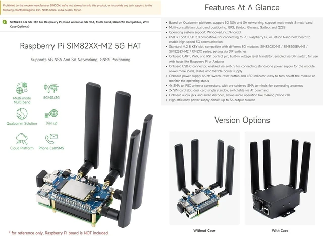 Alt view image 2 of 6 - Waveshare SIM8262E-M2 5G HAT Compatible with Raspberry Pi Quad Antennas 5G NSA, Multi-Band, 5G/4G/3G Compatible with Case