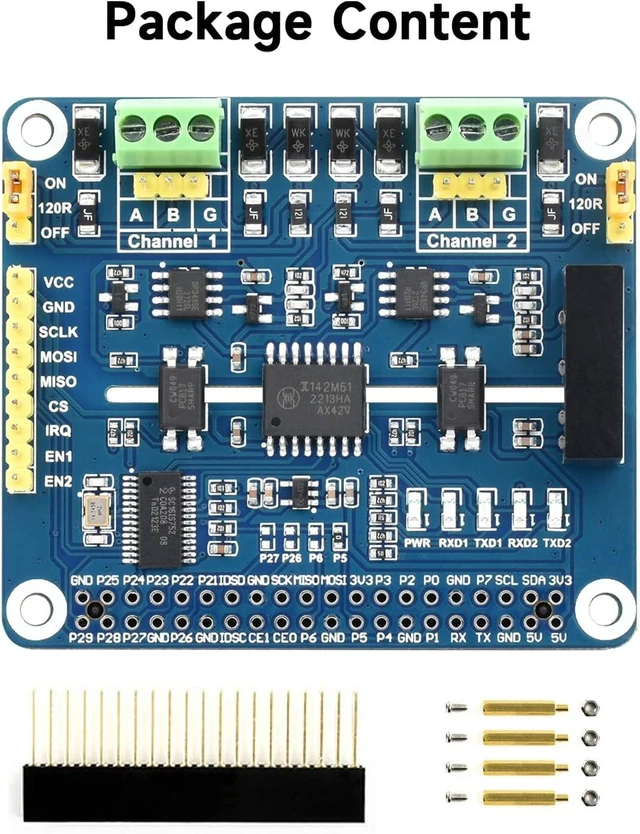 Alt view image 2 of 7 - Waveshare 2-Channel Isolated RS485 Expansion HAT, Compatible with Raspberry Pi 5/4B/3B/Zero/Zero W/Zero 2W/Pico/W/WH, SC16IS752+SP3485 Solution with Multi Onboard Protection Circuits
