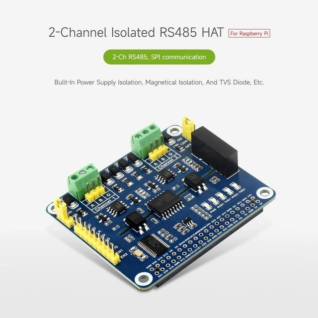 Alt view image 3 of 7 - Waveshare 2-Channel Isolated RS485 Expansion HAT, Compatible with Raspberry Pi 5/4B/3B/Zero/Zero W/Zero 2W/Pico/W/WH, SC16IS752+SP3485 Solution with Multi Onboard Protection Circuits