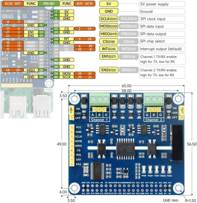 Alt view image 7 of 7 - Waveshare 2-Channel Isolated RS485 Expansion HAT, Compatible with Raspberry Pi 5/4B/3B/Zero/Zero W/Zero 2W/Pico/W/WH, SC16IS752+SP3485 Solution with Multi Onboard Protection Circuits