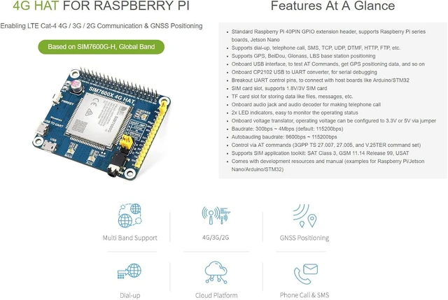 Alt view image 2 of 7 - Waveshare SIM7600G-H 4G HAT Compatible with Raspberry Pi 4B/ 3B+/ 3A+/ 3B/ 2B/ 1B+/ 1A+/ Zero 2 W/Zero W/Zero and Jetson LTE Supports Cat-4 4G/ 3G/ 2G GNSS Positioning Global Band