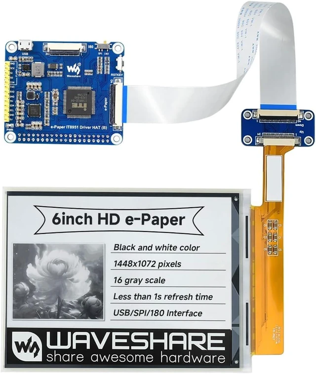 Main image of Waveshare 6inch E-Paper Display Module, Compatible with Raspberry Pi, Connects via GPIO, I2C