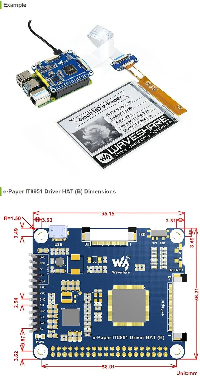 Alt view image 4 of 7 - Waveshare 6inch E-Paper Display Module, Compatible with Raspberry Pi, Connects via GPIO, I2C