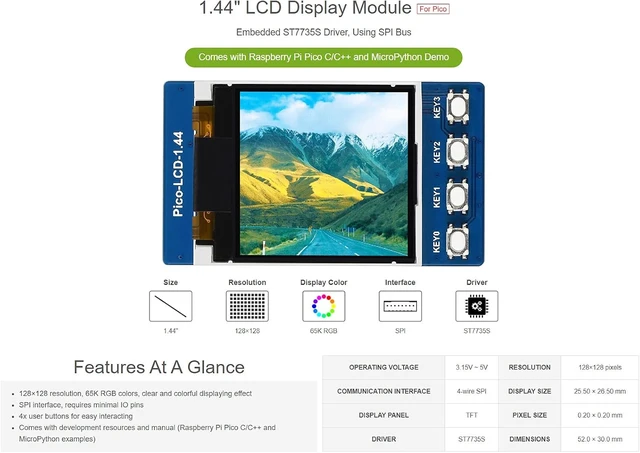 Alt view image 4 of 6 - Waveshare 1.44inch LCD Module Compatible with Raspberry Pi Pico 65K RGB 128x128 Resolution SPI TFT Display Panel