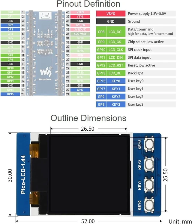 Alt view image 6 of 6 - Waveshare 1.44inch LCD Module Compatible with Raspberry Pi Pico 65K RGB 128x128 Resolution SPI TFT Display Panel