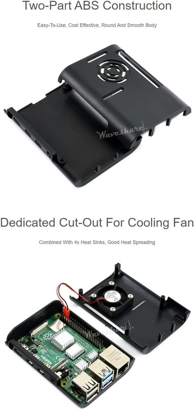 Alt view image 4 of 6 - Waveshare Black ABS Case Type D for Raspberry Pi 4 with Cooling Fan/Heat Sinks/Rubber Feet and Screwdriver