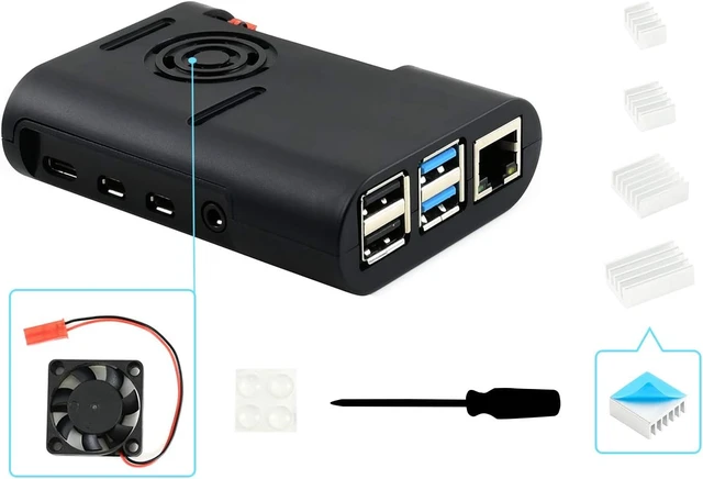 Alt view image 6 of 6 - Waveshare Black ABS Case Type D for Raspberry Pi 4 with Cooling Fan/Heat Sinks/Rubber Feet and Screwdriver