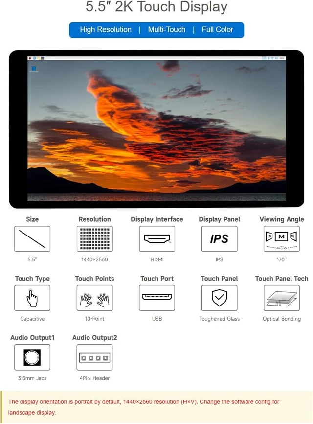 Alt view image 3 of 6 - waveshare 5.5inch 2K Capacitive Touch LCD Display Compatible with Raspberry Pi 5/4B/3B+/Pi 3B/Zero 2w/Zero w and CM4 Supports Windows 11/10/8.1/8/7,wihout Case