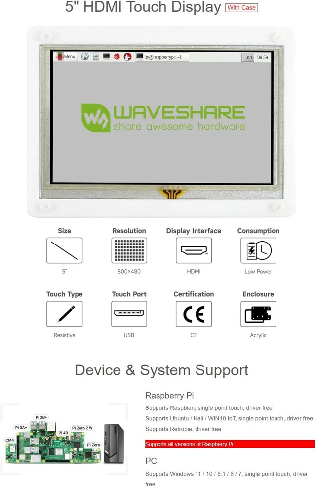 Alt view image 4 of 7 - waveshare 5inch Resistive Touch Screen LCD (B) with Bicolor Case 800×480 HDMI Display Compatible with RRaspberry Pi 5/4B/3B/Zero/Zero W/Zero 2W/Pico/Pico W/Pico WH Use as Computer Monitor
