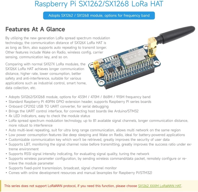 Alt view image 4 of 7 - Waveshare SX1262/SX1268 LoRa HAT, Compatible with Raspberry Pi 5/4B/3B/Zero/Zero W/Zero 2W/Pico/W/WH, UART Interface, SX1262 915M LoRa HAT