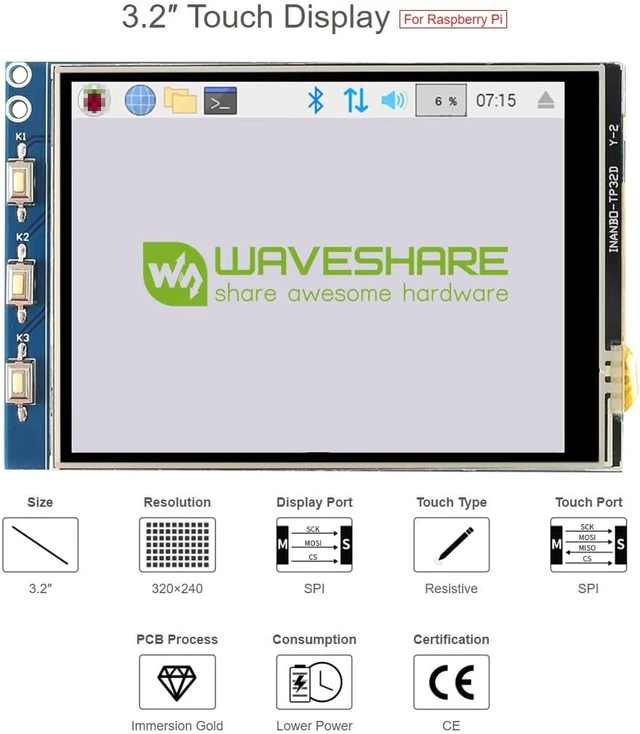 Alt view image 3 of 6 - Waveshare 3.2inch Resistive Touch Screen TFT Display 320×240 LCD Compatible with Raspberry Pi 4B/3B+/3A+/3B/2B/1B+/1A+/Zero 2 W/Zero W/Zero