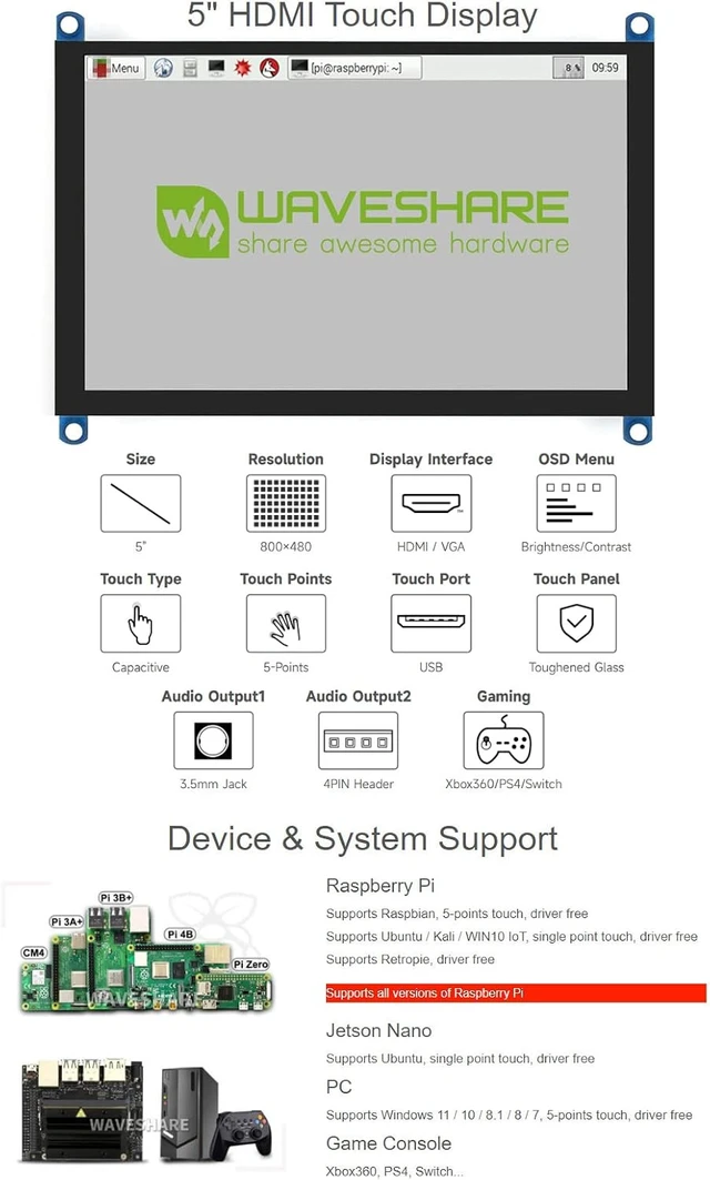 Alt view image 2 of 7 - waveshare 5inch Capacitive Touch Screen LCD (H) HDMI Display 800×480 Compatible with Raspberry Pi 5/4B/3B/Zero/Zero W/Zero 2W/Pico/Pico W/Pico WH