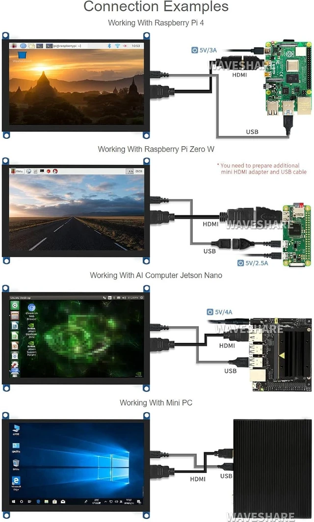 Alt view image 3 of 7 - waveshare 5inch Capacitive Touch Screen LCD (H) HDMI Display 800×480 Compatible with Raspberry Pi 5/4B/3B/Zero/Zero W/Zero 2W/Pico/Pico W/Pico WH