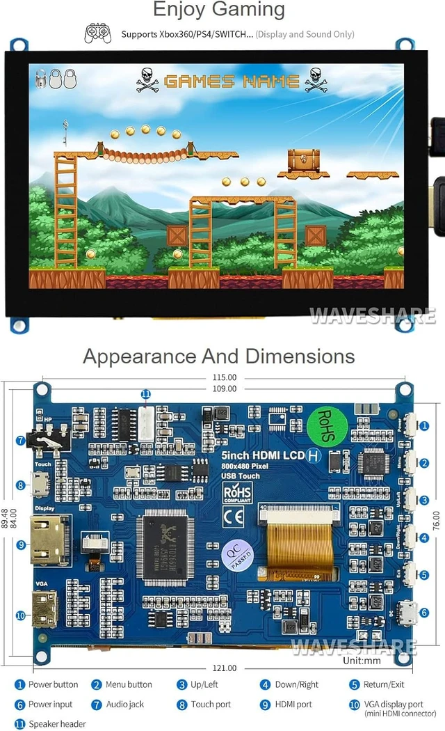 Alt view image 5 of 7 - waveshare 5inch Capacitive Touch Screen LCD (H) HDMI Display 800×480 Compatible with Raspberry Pi 5/4B/3B/Zero/Zero W/Zero 2W/Pico/Pico W/Pico WH