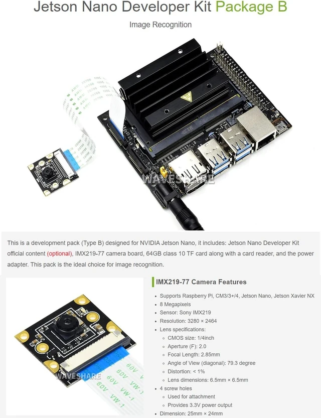 Alt view image 2 of 7 - Waveshare Acce B for Jetson Nano Developer Kit Bundle with IMX219-77 Camera+Memory Card+Card Reader+Jumper Cap+US Power Adapter
