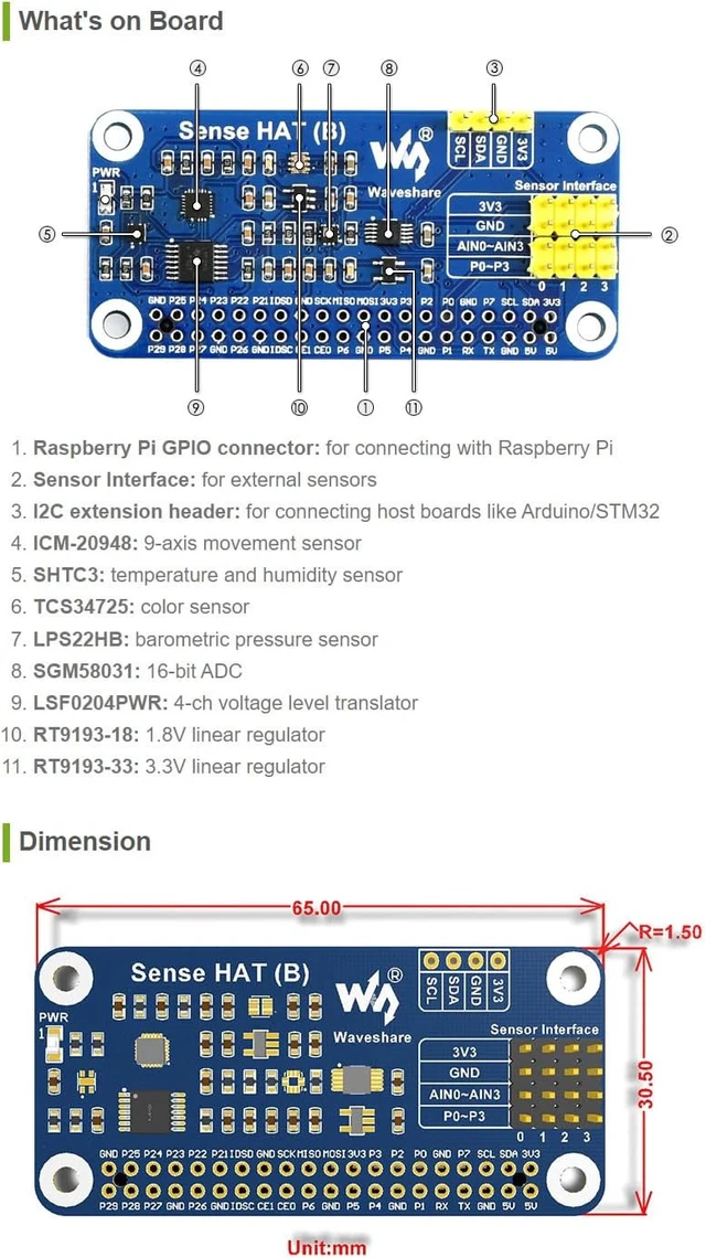Alt view image 5 of 7 - Waveshare Sense HAT (B) for Raspberry Pi Onboard Multi Powerful Sensors Supports External Sensors