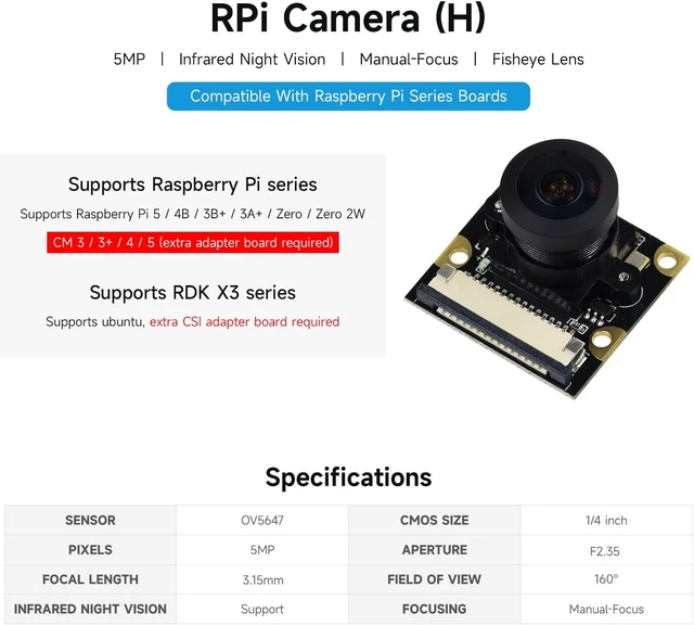 Alt view image 3 of 6 - Waveshare Camera Module Fisheye Lens Wider Field of View Supports Night Vision Compatible with All Revisions of Raspberry Pi