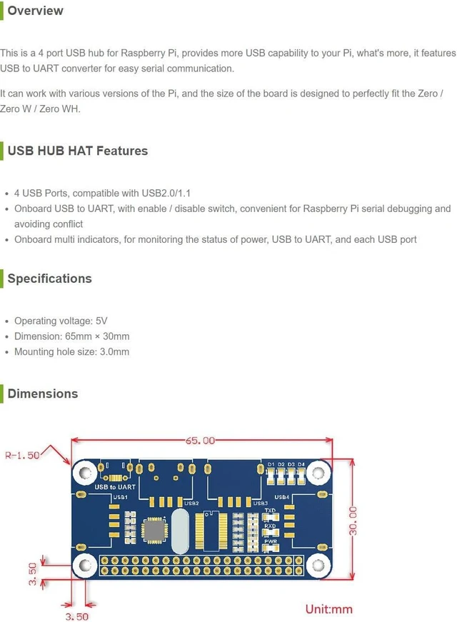 Alt view image 3 of 4 - Waveshare 4 Port USB HUB HAT, Compatible withRaspberry Pi 5/4B/3B/Zero/Zero W/Zero 2W/Pico/Pico W/Pico WH, USB to UART Onboard