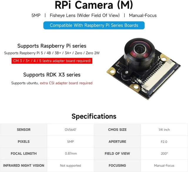 Alt view image 3 of 4 - waveshare Camera Module Fisheye Lens Wider Field of View 2592 × 1944 Still Picture Resolution Supports All Revisions of the Pi Compatible with Raspberry Pi