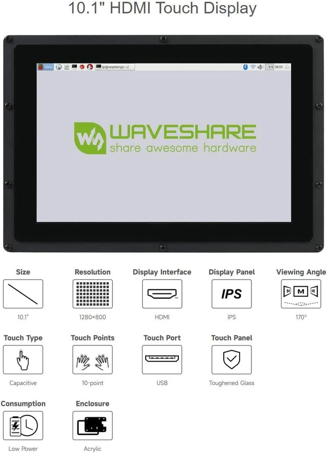 Alt view image 2 of 7 - Waveshare 10.1inch Capacitive Touch Screen LCD, 1280×800, HDMI, IPS | with Case and Toughened Glass Cover, Compatible with Raspberry Pi and PC, Low Power Consumption