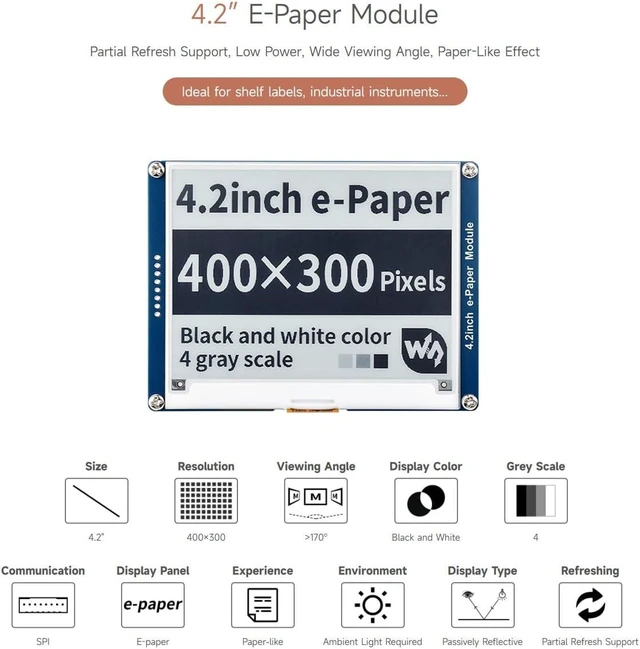 Alt view image 3 of 7 - Waveshare 4.2inch E-Paper Display Module Compatible with Jetson Nano/Raspberry Pi 5/4B/3B+/3A+/3B/2B/1B+/1A+/Zero 2 W/Zero W/Zero 400x300 Resolution Black/White Dual-Color