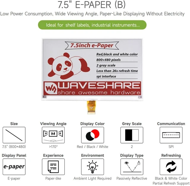 Alt view image 2 of 7 - Waveshare 7.5inch E-Paper, 800×480 Pixels Red/Black/White 3Colors Raw Display(Without PCB) for Price Tags, Shelf Labels, Industrial Instruments