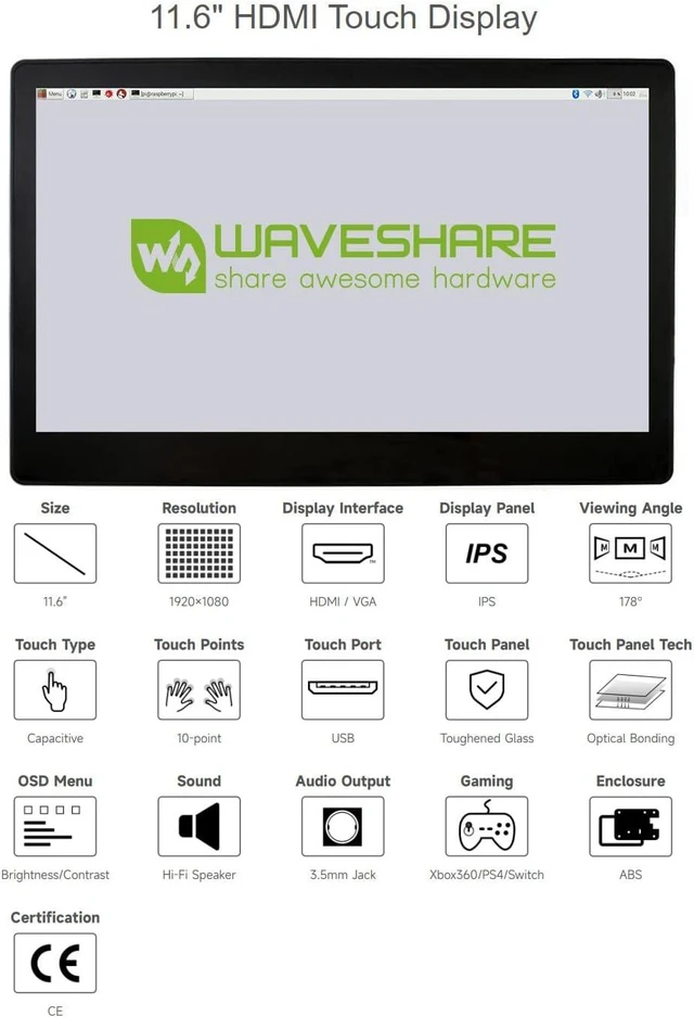 Alt view image 4 of 7 - Waveshare 11.6inch IPS Capacitive Touch Screen LCD 1920×1080 HDMI Display with Toughened Glass Cover Compatible with Raspberry Pi Jetson Nano and BB Black Use as Computer Monitor