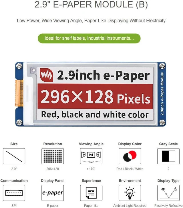 Alt view image 3 of 6 - Waveshare 2.9inch E-Paper Module, 296×128 Pixels Red/Black/White 3Colors Display Module for Raspberry Pi/Jetson Nano/Nucleo Main Control Boards