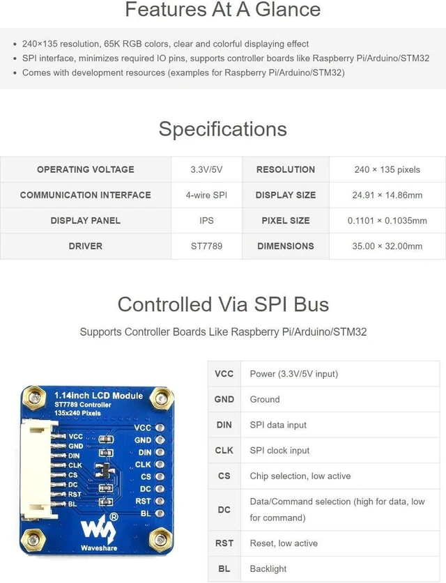 Alt view image 4 of 7 - Waveshare 1.14inch LCD Module, 240×135 Resolution 65K RGB Colors IPS Screen for Raspberry Pi