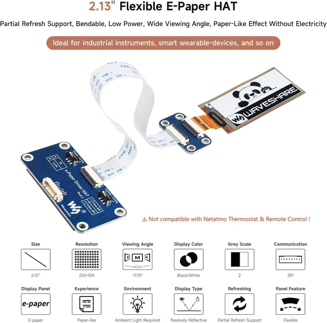 Alt view image 3 of 7 - Waveshare 2.13inch E-Paper HAT, 212x104 Resolution Black/White 2Colors Display HAT for Raspberry Pi/Jetson Nano/STM32