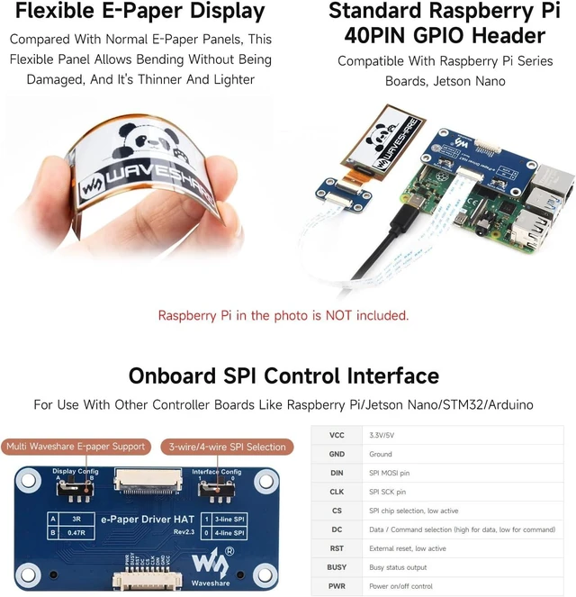 Alt view image 6 of 7 - Waveshare 2.13inch E-Paper HAT, 212x104 Resolution Black/White 2Colors Display HAT for Raspberry Pi/Jetson Nano/STM32