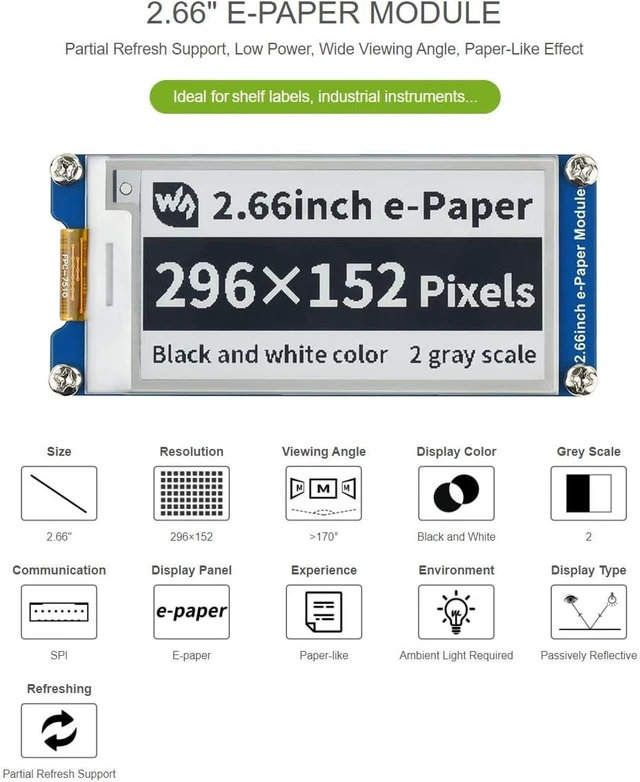 Alt view image 4 of 7 - waveshare 2.66inch E-Paper Display Module Compatible with Jetson Nano/Raspberry Pi 4B/3B+/3A+/3B/2B/1B+/1A+/Zero 2 W/Zero W/Zero 296×152 Resolution Black/White Dual-Color