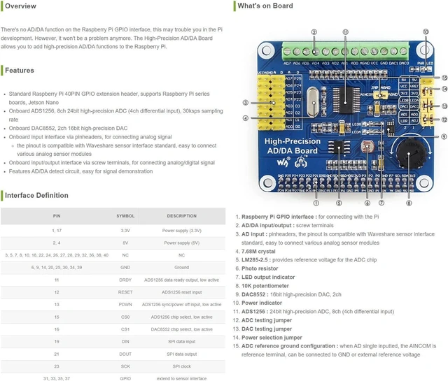 Alt view image 2 of 4 - Waveshare High-Precision AD/DA Expansion Board for Raspberry Pi Series Boards/Jetson Nano Development