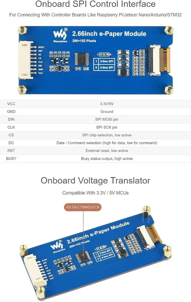 Alt view image 6 of 7 - waveshare 2.66inch E-Paper Display Module Compatible with Jetson Nano/Raspberry Pi 4B/3B+/3A+/3B/2B/1B+/1A+/Zero 2 W/Zero W/Zero 296×152 Resolution Black/White Dual-Color