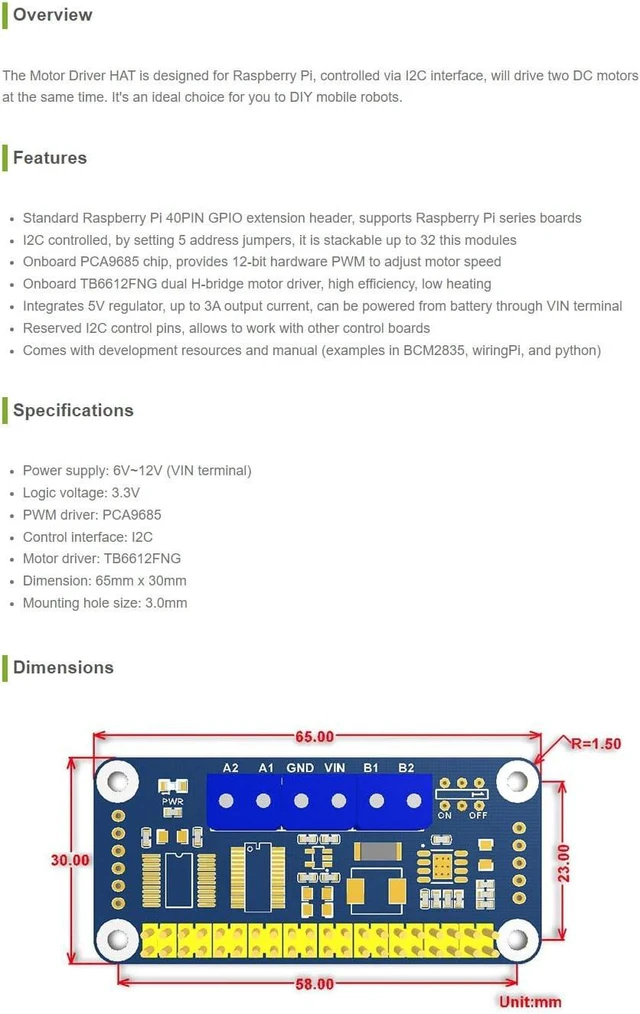 Alt view image 3 of 7 - waveshare Motor Driver HAT for Raspberry Pi Zero/Zero W/Zero WH/2B/3B/3B+ via I2C Interface Driving Two DC Motors