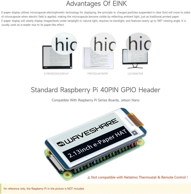 Alt view image 5 of 7 - Waveshare 2.13inch E-Paper Display HAT Compatible with Raspberry Pi 5/4B/3B/Zero/Zero W/Zero 2W/Pico/Pico W/Pico WH/Jetson Nano, 250x122 Resolution Black/White Dual-Color