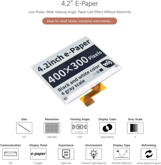 Alt view image 3 of 7 - Waveshare 4.2inch E-Paper, 400x300 Resolution Raw Display Suitable for Raspberry/Jetson Nano/Nucleo Main Control Board