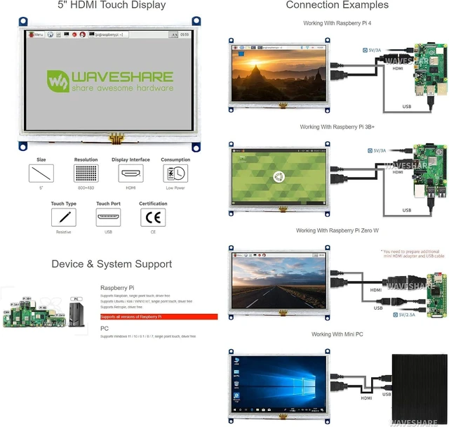 Alt view image 3 of 6 - waveshare 5 Inch Resistive Touch Screen LCD(B) 800X480 High Resolution HDMI USB Interface for Raspberry Pi/Banana Pi Mainboard/Raspberry Pi 3 Model B/3B+