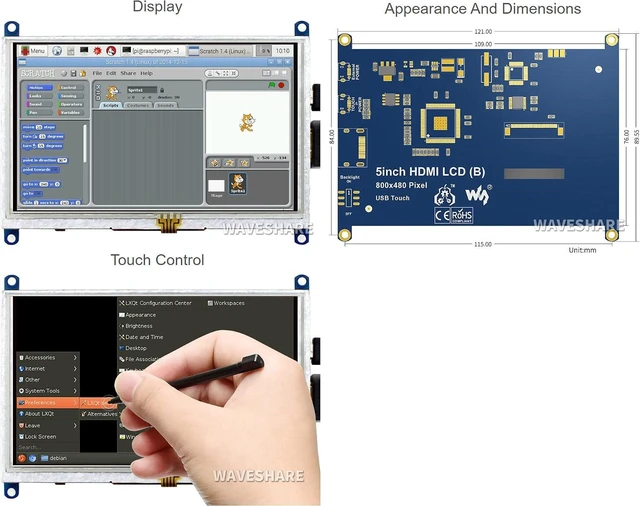 Alt view image 4 of 6 - waveshare 5 Inch Resistive Touch Screen LCD(B) 800X480 High Resolution HDMI USB Interface for Raspberry Pi/Banana Pi Mainboard/Raspberry Pi 3 Model B/3B+