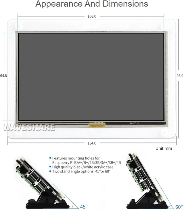 Alt view image 7 of 7 - Waveshare 5inch Resistive Touch Screen LCD with Bicolor Case 800×480 HDMI Display Compatible with Raspberry Pi 4B/3B+/3A+/3B/2B/1B+/1A+ /Zero 2 W/Zero W/Zero