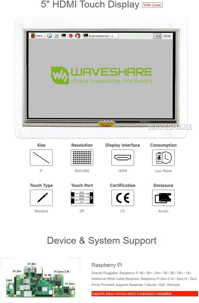 Alt view image 4 of 7 - Waveshare 5inch Resistive Touch Screen LCD with Bicolor Case 800×480 HDMI Display Compatible with Raspberry Pi 4B/3B+/3A+/3B/2B/1B+/1A+ /Zero 2 W/Zero W/Zero