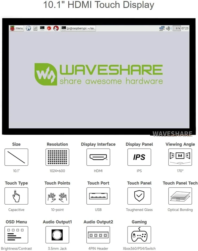 Alt view image 3 of 7 - waveshare 10.1inch Capacitive Touch Screen LCD (E) 1024×600 HDMI IPS Optical Bonding Display Compatible with Raspberry Pi 5/4B/3B+/3A+/3B/2B/1B+/1A+/Zero 2 W/Zero W Jetson Nano and PC Game Console