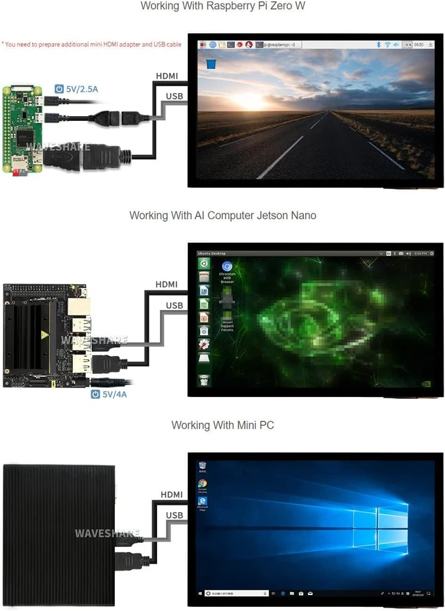 Alt view image 5 of 7 - waveshare 10.1inch Capacitive Touch Screen LCD (E) 1024×600 HDMI IPS Optical Bonding Display Compatible with Raspberry Pi 5/4B/3B+/3A+/3B/2B/1B+/1A+/Zero 2 W/Zero W Jetson Nano and PC Game Console
