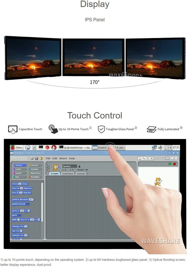 Alt view image 6 of 7 - waveshare 10.1inch Capacitive Touch Screen LCD (E) 1024×600 HDMI IPS Optical Bonding Display Compatible with Raspberry Pi 5/4B/3B+/3A+/3B/2B/1B+/1A+/Zero 2 W/Zero W Jetson Nano and PC Game Console