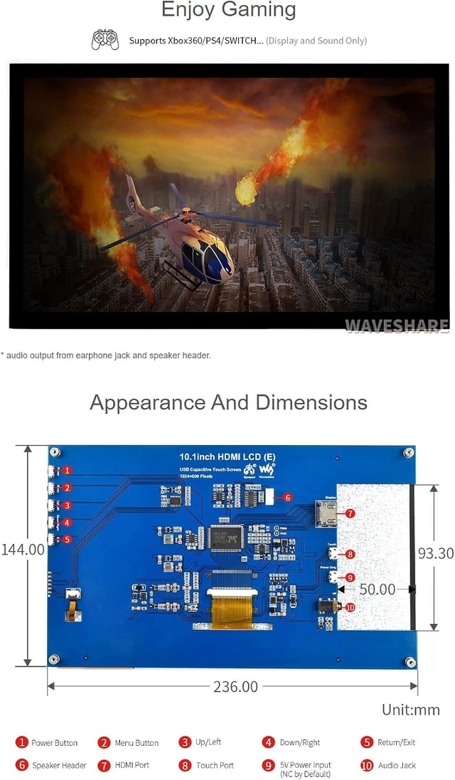 Alt view image 7 of 7 - waveshare 10.1inch Capacitive Touch Screen LCD (E) 1024×600 HDMI IPS Optical Bonding Display Compatible with Raspberry Pi 5/4B/3B+/3A+/3B/2B/1B+/1A+/Zero 2 W/Zero W Jetson Nano and PC Game Console
