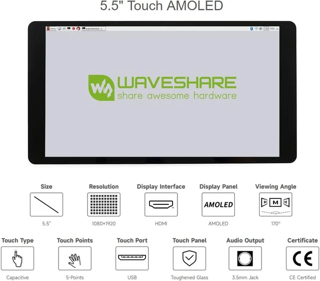 Alt view image 3 of 7 - Waveshare 5.5inch Capacitive Touch AMOLED Display 1080×1920 HDMI Screen Compatible with Raspberry Pi 4B/3B+/3A+/3B/2B/1B+/1A+/Zero 2 W/Zero W/Zero Jetson Nano and PC