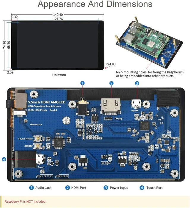 Alt view image 7 of 7 - Waveshare 5.5inch Capacitive Touch AMOLED Display 1080×1920 HDMI Screen Compatible with Raspberry Pi 4B/3B+/3A+/3B/2B/1B+/1A+/Zero 2 W/Zero W/Zero Jetson Nano and PC